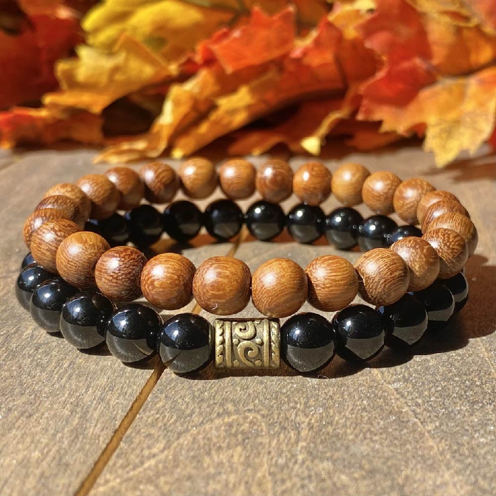 Stack Mens Black Onyx and Wood Bead Bracelet | Unlock Your Chakra