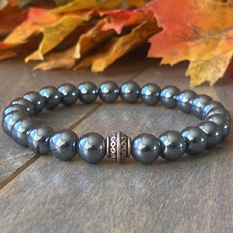 Hematite beaded bracelet with natural metallic silver stone - UNLOCK YOUR CHAKRA