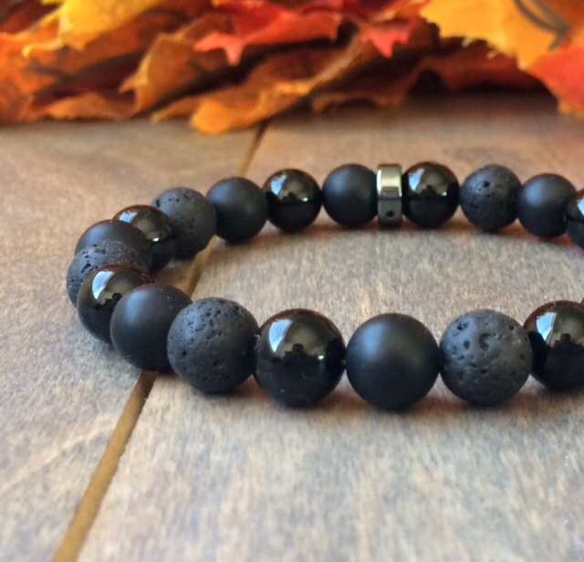 Mens Bracelet, Mens Beaded Bracelets, Mens Black Onyx and Lava Beaded Bracelet - UNLOCK YOUR CHAKRA