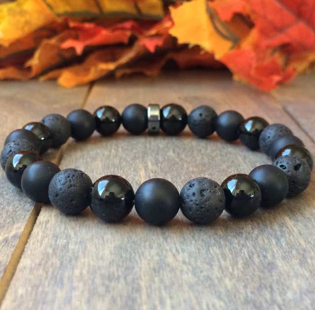 Mens Bracelet, Mens Beaded Bracelets, Mens Black Onyx and Lava Beaded Bracelet - UNLOCK YOUR CHAKRA