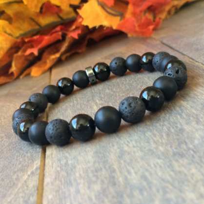 Mens Bracelet, Mens Beaded Bracelets, Mens Black Onyx and Lava Beaded Bracelet - UNLOCK YOUR CHAKRA