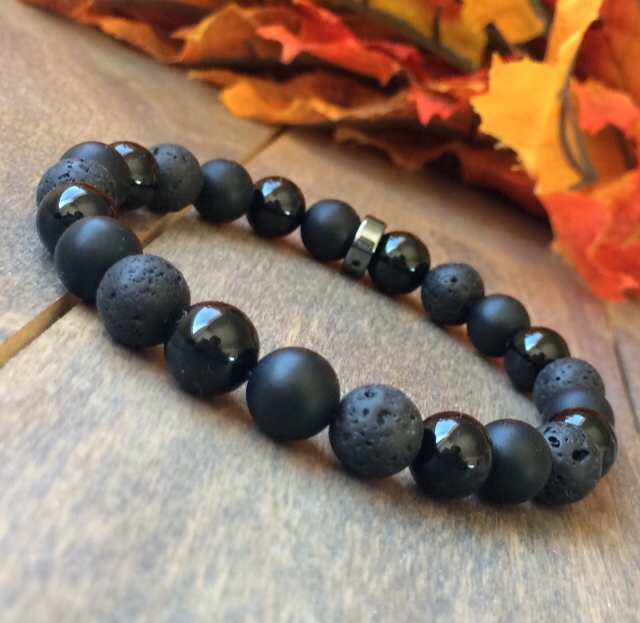 Mens Bracelet, Mens Beaded Bracelets, Mens Black Onyx and Lava Beaded Bracelet - UNLOCK YOUR CHAKRA