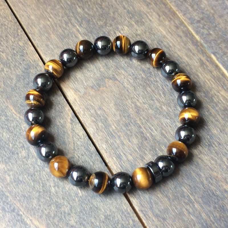 8L Mexican Sugar Skulls 8mm Tigers Eye & Hematite Gemstone Beaded Men's Bracelet – Handmade