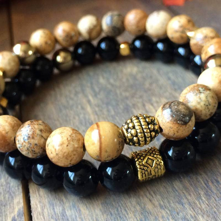 Mens Beaded Bracelets Stack Picture Jasper and Black Onyx Bracelet - UNLOCK YOUR CHAKRA