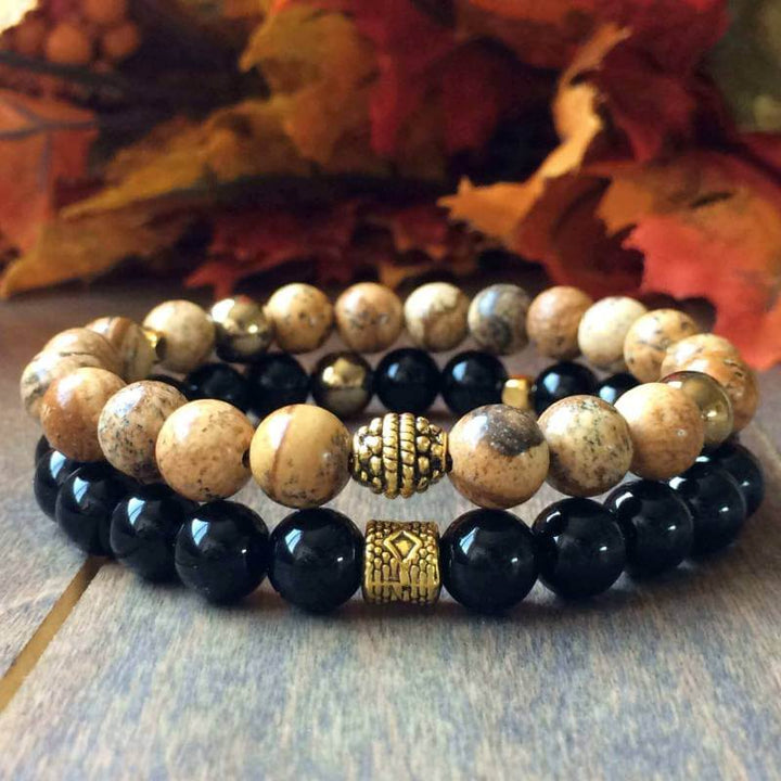 Mens Beaded Bracelets Stack Picture Jasper and Black Onyx Bracelet - UNLOCK YOUR CHAKRA