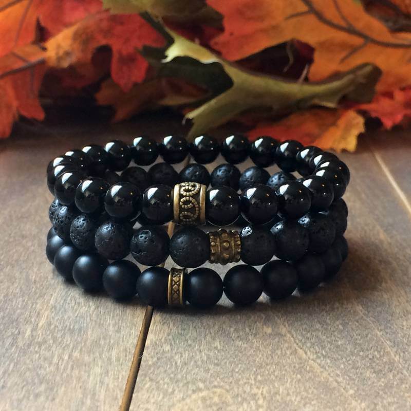 Stacked Black Onyx & Lava Stone Bracelet | Men's Beaded Bracelet